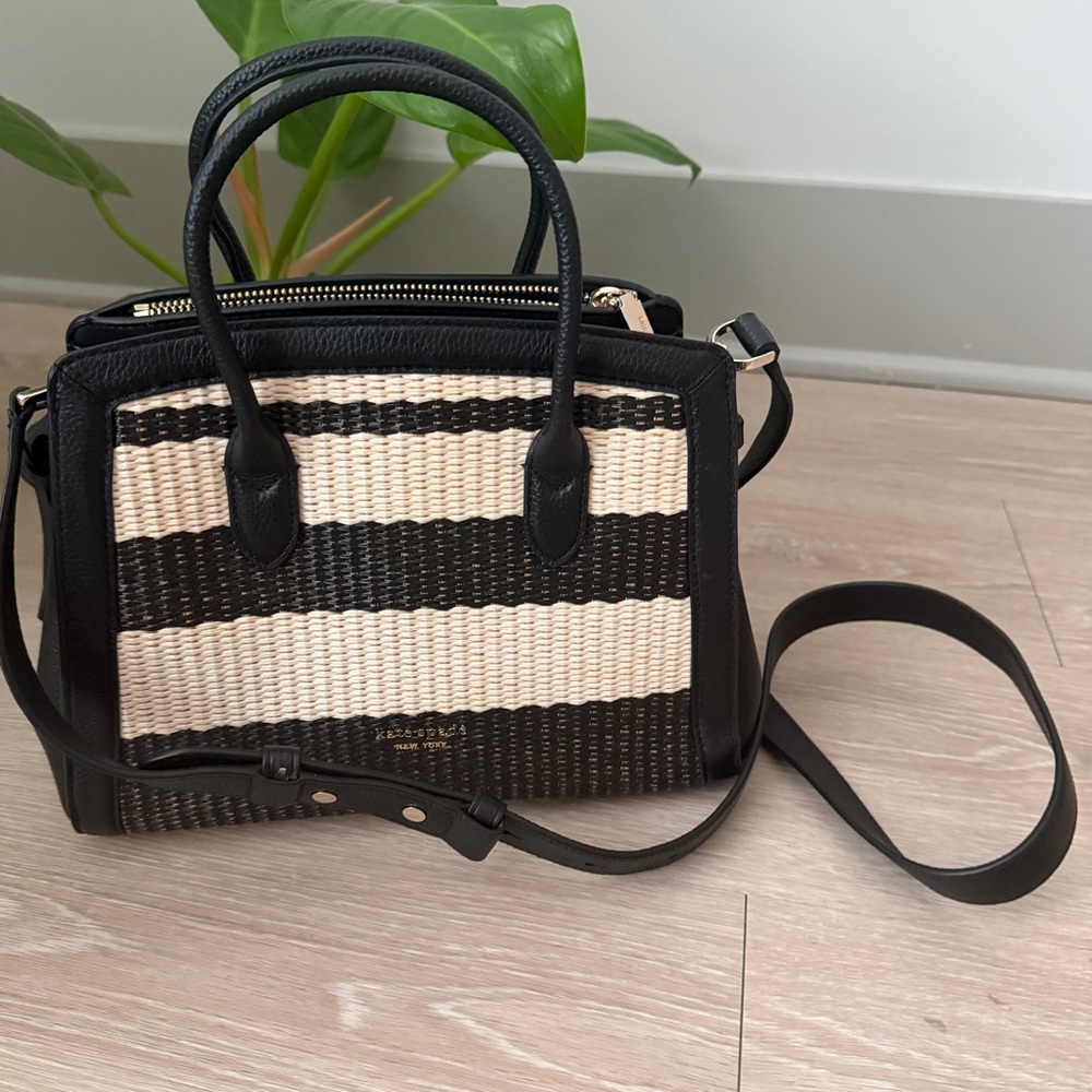 kate spade Knott Striped Straw & Leather Medium Satchel Bag — Black/Cream - Picture 2 of 4